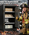 Firefighter beside open fireproof safe showing jewelry and documents, UL-certified 7.5 cubic feet fireproof safe with digital keypad