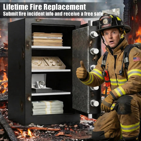 Firefighter beside open fireproof safe showing jewelry and documents, UL-certified 7.5 cubic feet fireproof safe with digital keypad