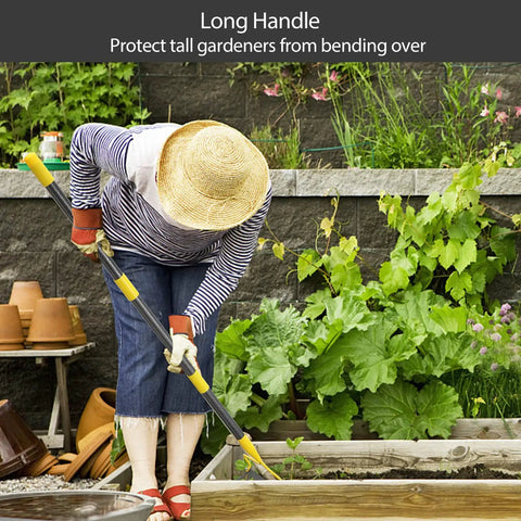Gardener using Heavy Duty Metal Garden Rake for Leaves and Lawn, adjustable handle in vegetable garden