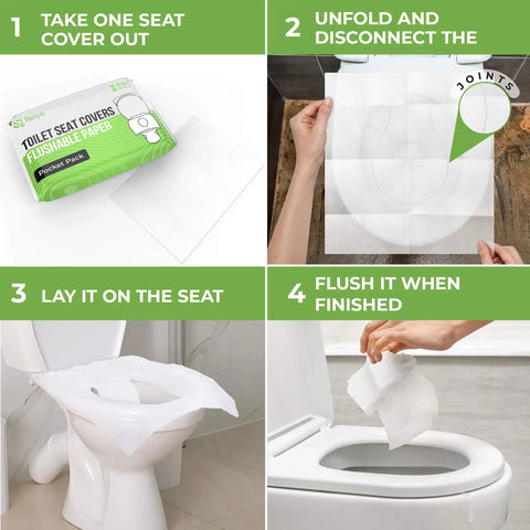 Flushable Toilet Seat Covers On The Go 50 Pack XL For Adults And Kids Potty Training, 100 Percent Biodegradable Travel Essentials usage instructions.