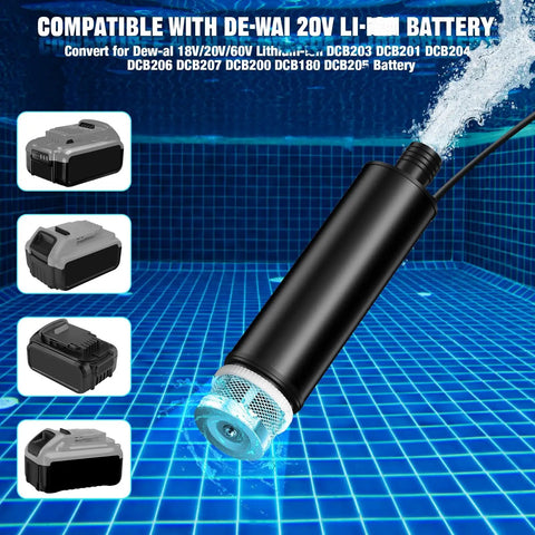 Smooth Operator Cordless Submersible Utility Pump Adapter For Dewalt 20V Batteries in water, showcasing compatibility with various batteries.