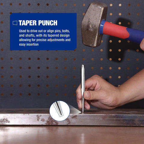 Taper Punch from the Knockout Five Piece Punch And Chisel Set Forged From Tough Chrome Vanadium Steel in use on metal.