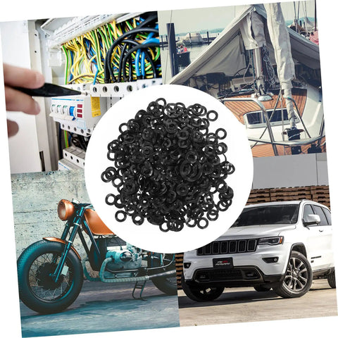 Wave Washer Kit 500 Pack Spring Steel Gasket Set For Load Distribution, Plumbing And Fastening, Durable Seals, Lock Washers, Versatile DIY And Professional Use, black wave washers shown for wiring, marine, bike, and car use