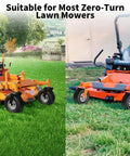 Two zero-turn lawn mowers fitted with front flat-free tire and wheel replacement 13x6.50-6 for lawn and commercial grounds.