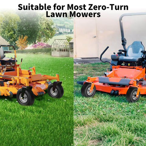 Two zero-turn lawn mowers fitted with front flat-free tire and wheel replacement 13x6.50-6 for lawn and commercial grounds.