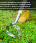 Close-up of Heavy Duty Garden Weeder Hoe With Wooden Long Handle And Stainless Steel Hula Loop for easy weeding and planting.