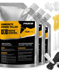 Concrete Crack Filler 3 Pack Oil Based Heavy Duty Self Leveling Sealant Waterproof Quick Drying For Driveway Patio Sidewalk Garage Floor Foundation Basement Walkway Repair Gray Pro Grade, shown in three pouches with applicators and gloves.