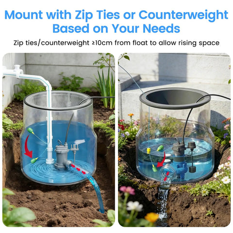 WiFi Sump Pump Alarm with Phone Alerts High Low Water Level Sensor installed in outdoor tank with zip ties and counterweight