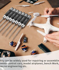 Pro Grade 7 Piece Precision RC Hex Screwdriver Set with high speed steel tips for RC cars and drones repair, shown in workshop.