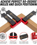 Heavy Duty 90 Degree Corner Clamps For Woodworking Set With Aluminum Positioning Squares And 4 C Clamps Rock Solid Right Angles For Cabinets Frames And Drawers Fast Setup And Crisp Precise Joints, red clamp on wood corner