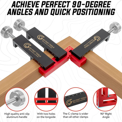 Heavy Duty 90 Degree Corner Clamps For Woodworking Set With Aluminum Positioning Squares And 4 C Clamps Rock Solid Right Angles For Cabinets Frames And Drawers Fast Setup And Crisp Precise Joints, red clamp on wood corner