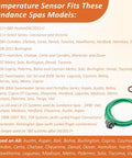 Green hot tub temperature sensor with curled finger connectors and O-ring, coiled cable beside a model compatibility graphic.