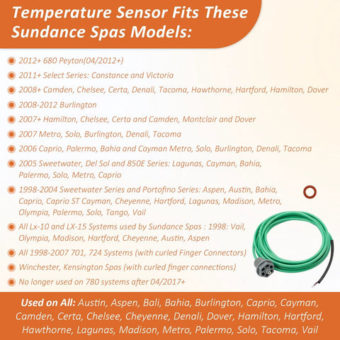 Green hot tub temperature sensor with curled finger connectors and O-ring, coiled cable beside a model compatibility graphic.