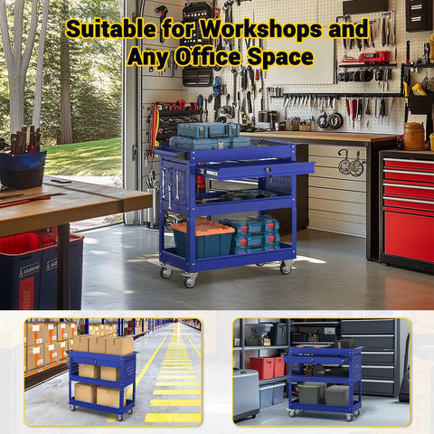 Three Tier Rolling Tool Cart On Wheels With 550-Lb Capacity Drawers Pegboard And Hook Heavy Duty Utility Cart For Garage Shop And Warehouse Dark Blue Finish in a workshop setting, loaded with tools and equipment.