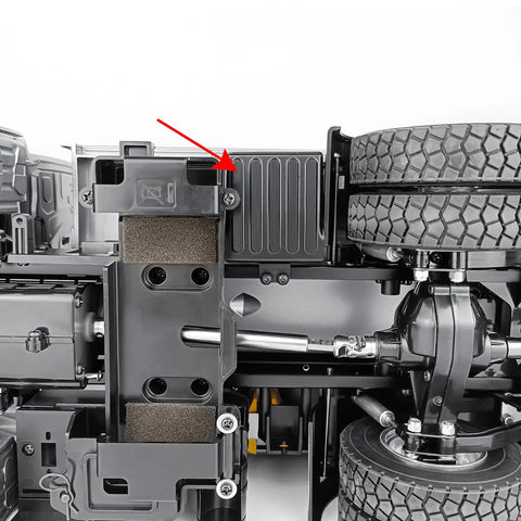 Aluminum Alloy Battery Box and Gas Tank Upgrade Parts installed on Tamiya RC Truck, highlighting replacement components.