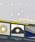 Beast Mode Tough 12 Mil Heavy Duty Waterproof Tarp With Metal Grommets, showcasing water resistance and reinforced corners.