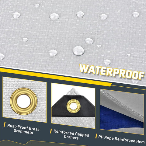 Beast Mode Tough 12 Mil Heavy Duty Waterproof Tarp With Metal Grommets, showcasing water resistance and reinforced corners.