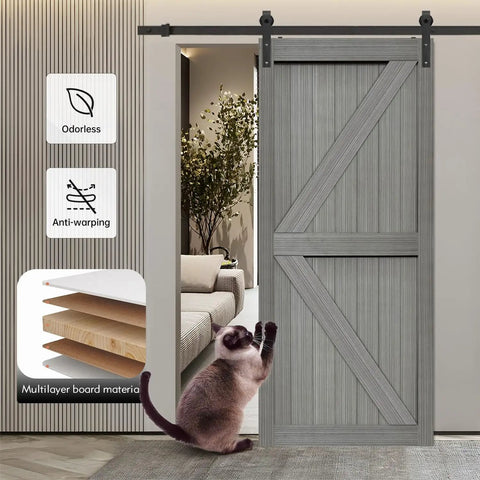Top Tier Sliding Barn Door Measures 32 By 84 Inches In Striking Elephant Gray Solid Mdf Panel With Tough Waterproof Pvc Coat And Smooth Glide Track Kit For Hassle Free Room Zoning And Clean Home Vibe Additions, shown with a cat in a modern living space.