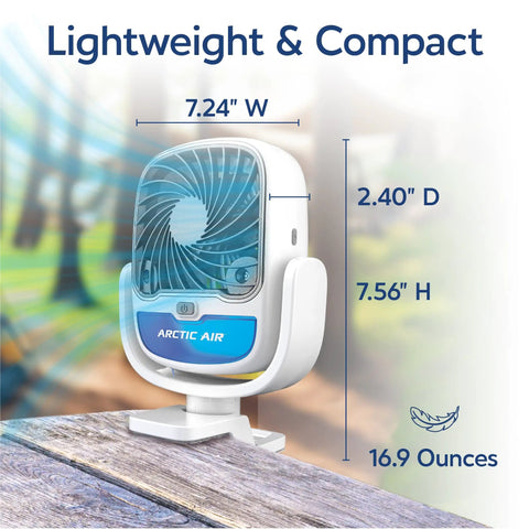 Cordless Personal Air Cooler With USB Charging 3 Speed Options Universal Clamp 360 Degree Swivel 5 Hour Battery Evaporative Hydro Chill Technology Portable Indoor Outdoor Cooler For Home Office Or Car with dimensions shown