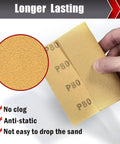 Hand holding P80 sandpaper from 50 Piece 1/4 Sheet Sandpaper Set Pro Grade Grit 80 120 150 220 320 400 For Wood Metal Automotive Palm Sander