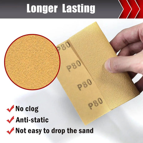 Hand holding P80 sandpaper from 50 Piece 1/4 Sheet Sandpaper Set Pro Grade Grit 80 120 150 220 320 400 For Wood Metal Automotive Palm Sander