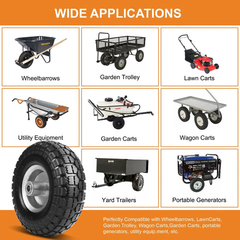 Flat Free Solid Rubber Tire Wheel Set For Hand Trucks And Wheelbarrows No Fuss 10 Inch Replacement Wheels shown with various applications including wheelbarrows, garden trolleys, lawn carts.