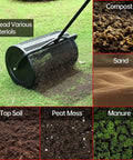 27 Inch Compost Spreader and Lawn Roller for Garden Care Durable Yet Lightweight Manure Spreader with Upgraded T Shaped Handle shown spreading materials