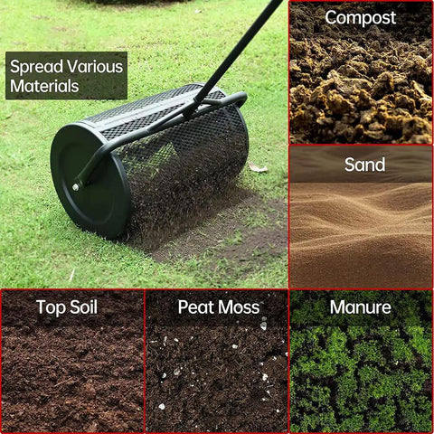 27 Inch Compost Spreader and Lawn Roller for Garden Care Durable Yet Lightweight Manure Spreader with Upgraded T Shaped Handle shown spreading materials