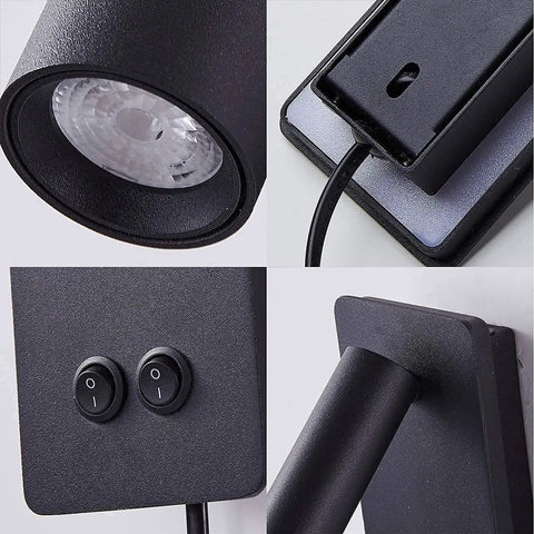 Close-up of Two In One LED Wall Lamp And Reading Light Sconces For Bedroom So Cozy Bedside Plug In Set Of Two Black 3W And 6W