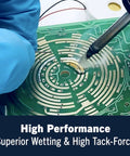 MG Chemicals RA Rosin Flux Paste 8342 used on a PCB with soldering iron, showcasing high wettability and long tack time