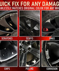 Images showing damages like scratches, scuffs, chips, peeling, and corrosion on alloy wheels with Matte Black Rim Touch Up Paint Pen Quick Cure For Curb Rash And Scuffed Wheels Auto Alloy Scratch Fix That Slaps Your Whip Back Together In Minutes Without Dragging It To The Body Shop.