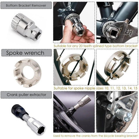 All In One Bike Tool Kit With Eight Pro Grade Bicycle Repair Tools For Mountain Bikes Include Crank Puller Extractor and Spoke Wrench