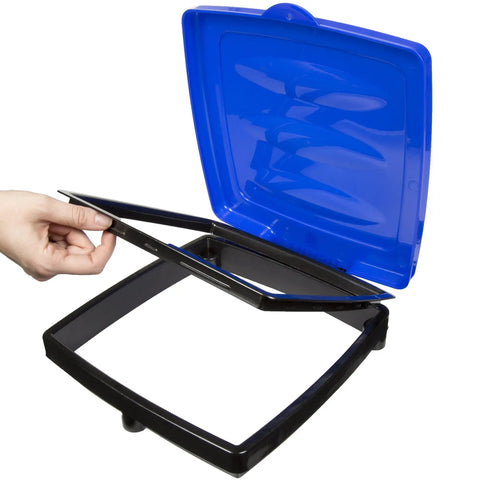 Portable Collapsible 13 Gallon Trash Bag Holder lid in blue, open setup showing plastic frame for easy use in camping and parties