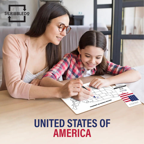 Mother and daughter using United States Map Dry Erase Whiteboard For Classroom 11x14 Kid Friendly Travel USA Learning Tool