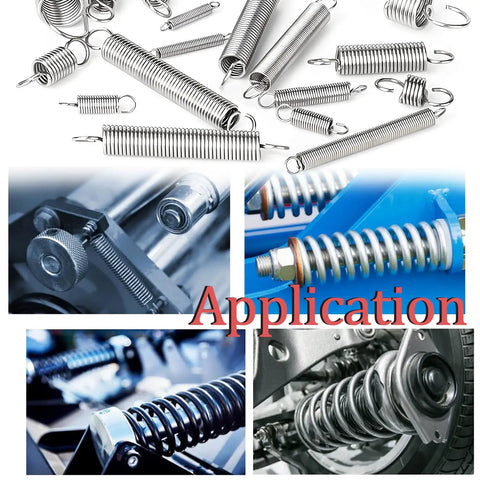 80 Piece Extension Spring Kit With Five Size Varieties Zinc Plated for DIY Projects shown with automotive and machinery applications.