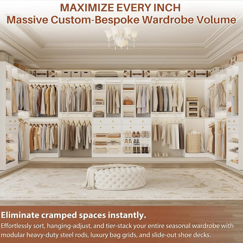 Transform Your Daily Routine With This Nifty White Closet System Set Of 3 Featuring Four Spacious Drawers Eight Heavy Duty Hanging Rods Plus A Corner Rack For Zero Hassle Walk In Storage. Spacious white closet system with hanging rods and drawers.