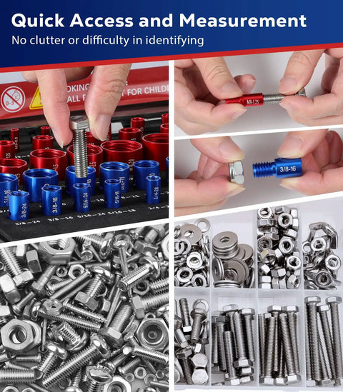 Close-up of 58 Piece Thread Checker Set with 32 Standard and 26 Metric Bolt Size Finders for quick accurate nut and bolt identification.