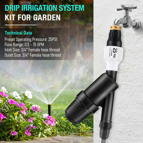 Drip Irrigation Backflow Preventer Kit With 25 PSI Pressure Regulator And Inline Y Filter Three Quarter Inch Garden Hose Thread FHT Connections installation on outdoor faucet