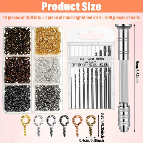 Handy Pin Vise Hand Drill Set For Resin Crafts And Jewelry Making, Includes 600 Small Screw Eye Hooks And 10 Drill Bit Sizes