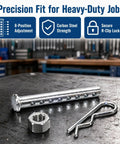 One Quarter Inch Clevis Pin With Eight Holes For Precise Length Adjustment, Heavy Duty Carbon Steel With R Clip, Eight Pack For Hitch Receivers, Drawbars, And Implements, Delivers A Snug Rattle Free Fit on workbench