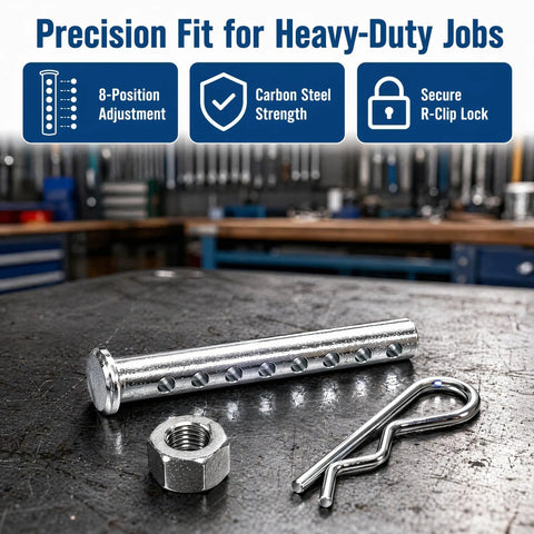 One Quarter Inch Clevis Pin With Eight Holes For Precise Length Adjustment, Heavy Duty Carbon Steel With R Clip, Eight Pack For Hitch Receivers, Drawbars, And Implements, Delivers A Snug Rattle Free Fit on workbench