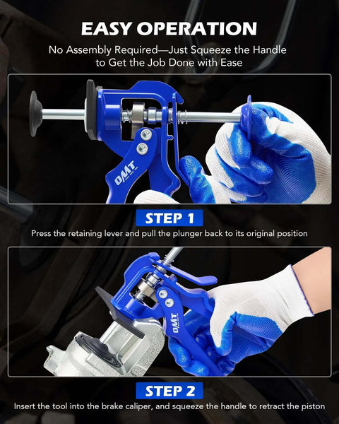 Speedy Brake Caliper Compression Tool For Quick Pad Replacements in use with gloves, showing easy piston retraction and operation steps