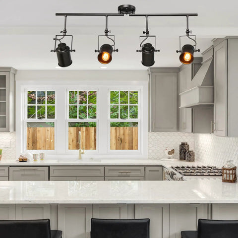 Track Lighting Kit With Four Adjustable Heads Semi Flush Mount Ceiling Light Black Finish in bright kitchen