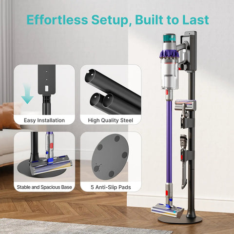 Boss Grade Steel Vacuum Stand for Cordless Vacuums showcasing easy installation, high-quality steel, and accessory clips.
