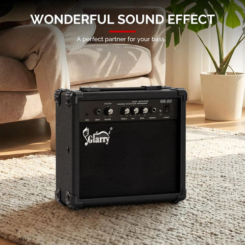 Portable 20W Bass Combo Amp With Headphone And MP3 Aux Input Practice Ready Bass Guitar Amplifier in living room setup