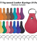 Premium Thick Vegetable Tanned Leather Keychain Blanks, Dope Teardrop DIY Craft Kit With Heavy Duty Hardware, Hand Dyed Skived Necks For Custom Engraving And Stamping Sweet Projects, 10 Pack displayed with various colors and included rings.