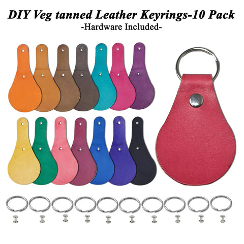 Premium Thick Vegetable Tanned Leather Keychain Blanks, Dope Teardrop DIY Craft Kit With Heavy Duty Hardware, Hand Dyed Skived Necks For Custom Engraving And Stamping Sweet Projects, 10 Pack displayed with various colors and included rings.