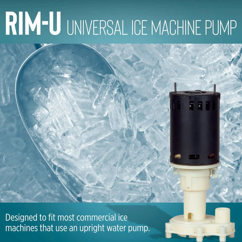 Dual Voltage RIM U Ice Machine Water Pump Replacement 115/230V 1/25 HP with ice backdrop, ideal for commercial use