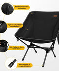 Ultralight Camping Chair For Backpacking And Travel, Portable Folding Seat, black with reinforced corners and side pocket.