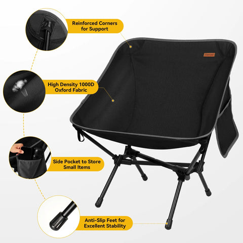 Ultralight Camping Chair For Backpacking And Travel, Portable Folding Seat, black with reinforced corners and side pocket.